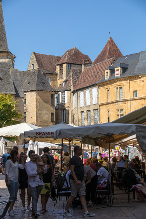 Sarlat, France - September 2, 2018: Historic houses surrounding Place de la Liberte in  Sarlat la Caneda in Dordogne Department, Aquitaine, Franceのeditorial素材