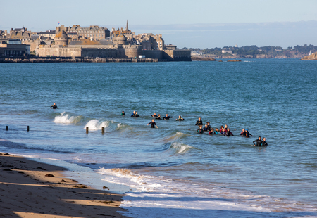 Saint-Malo, France - September 14, 2018: Aqua walking along the beach in Saint-Malo, Brittany, Franceのeditorial素材
