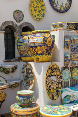 Ravello, Italy - June 16, 2017: Artistic ceramic products for sale in Ravello. A small charming town on the Amalfi Coast is known for its hand-painted artistic cermic. Campania. Italyのeditorial素材