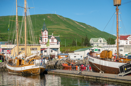 Husavik, Iceland - July 24, 2017: Husavik is a town on the north coast of Iceland on the shores of Skjalfandi bay. The town is a center of whale watching in Icelandのeditorial素材