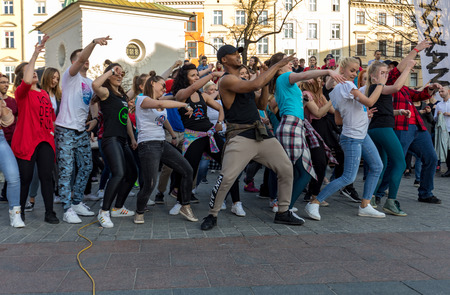 Cracow, Poland - Maerch 30, 2019:  International Flashmob Day of Rueda de Casino. Several hundred...