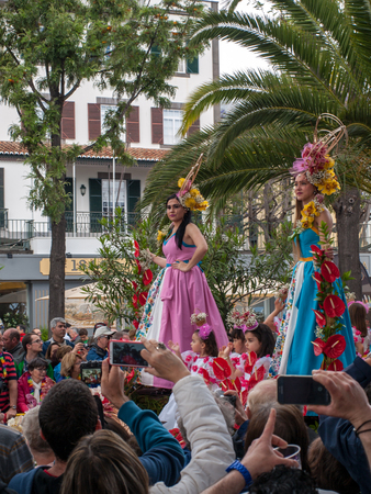 Funchal; Madeira; Portugal - April 22; 2018: Annual parade of the Madeira Flower Festival in the city of Funchal on the Island of Madeira. Portugal.のeditorial素材