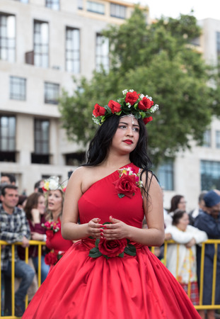 Funchal; Madeira; Portugal - April 22; 2018: Annual parade of the Madeira Flower Festival in the city of Funchal on the Island of Madeira. Portugal.のeditorial素材