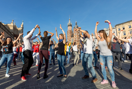 Cracow, Poland - March 30, 2019:  International Flashmob Day of Rueda de Casino. Several hundred...