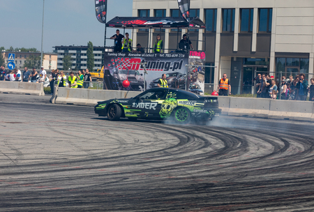 Cracow, Poland - May 18, 2019: Drift car in action  at 5th edition of Moto Show in Cracow. Poland.のeditorial素材