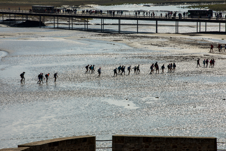 Le Mont-Saint-Michel, France - September 13, 2018: Group of hikers in the bay at low tide. Hike in the bay with a knowledgeable guide. Mont Saint-Michel , Normandy, Franceの写真素材