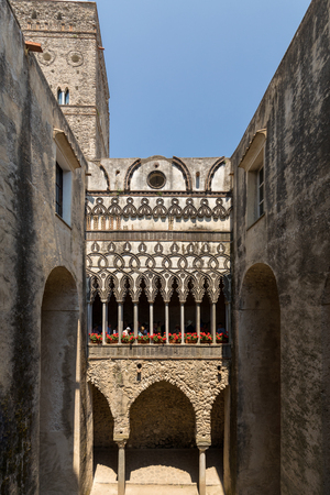 Ravello, Italy - June 16, 2017:  View of gothic cloister columns of Villa Rufolo in Ravello, Amalfi Coast, Campania, Italyのeditorial素材