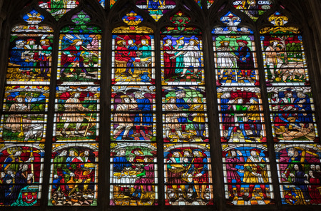Troyes, France - August 31, 2018: Colorful stained glass windows in Troyes Cathedral  dedicated to Saint Peter and Saint Paul. Franceのeditorial素材