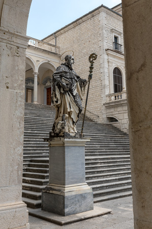Montecassino, Italy - June 17, 2017: Marble statue of St. Benedict by P. Campi of Carrara, Cloister of Bramante, Benedictine abbey of Montecassino, Monte Cassinoのeditorial素材