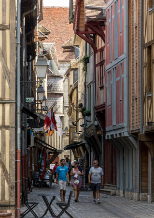 Troyes, France - August 31, 2018:  Ancient half-timbered buildings in Troyes. Aube, Champagne-Ardenne, Franceのeditorial素材