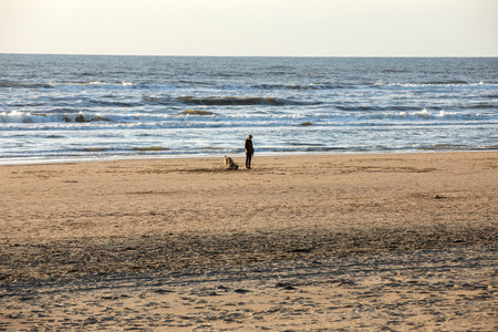 Katwijk, Netherlands - April 23, 2017: A woman with a dog walking on a sunny day along the beach in Katwijk. Netherlandsのeditorial素材