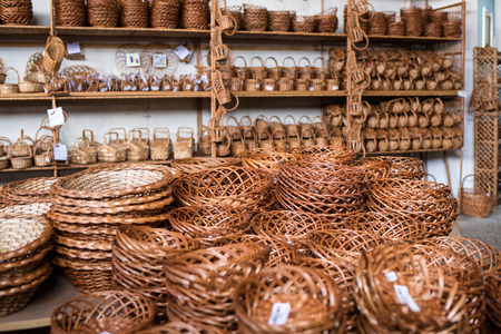 Camacha, Madeira, Portugal - April 19, 2018: Wicker baskets on sale in a factory shop in Camacha on Madeira Island. Portugalのeditorial素材