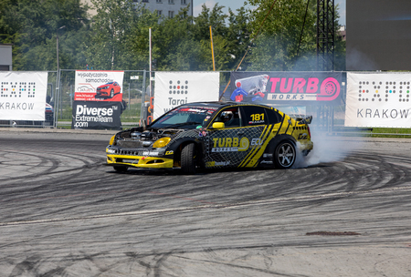 Cracow, Poland - May 18, 2019: Drift car in action  at 5th edition of Moto Show in Cracow. Poland.のeditorial素材