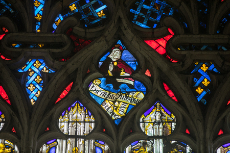 Troyes, France - August 31, 2018: Colorful stained glass windows in Troyes Cathedral  dedicated to Saint Peter and Saint Paul. Franceのeditorial素材