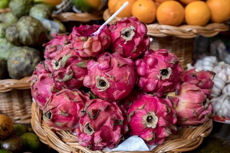 Fresh ripe dragon fruits or Pitaya  in Mercado Dos Lavradores. Funchal, Madeira, Portugalの写真素材
