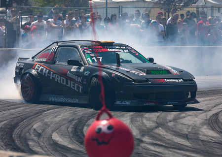 Cracow, Poland - May 18, 2019: Drift car in action  at 5th edition of Moto Show in Cracow. Poland.のeditorial素材