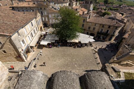 St Emilion; France - September 8; 2018: Place de lEglise Monolithe in St Emilion; Gironde Department; France. St Emilion is French village famous for the excellent red wine.のeditorial素材