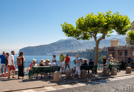 Sorrento, Italy - June 12, 2017: Tourists waiting for a boat ride from Sorrento to Capri. Campania. Italyのeditorial素材