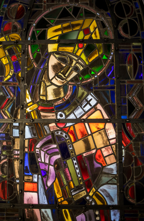 Troyes, France - August 31, 2018: Exhibition of beautiful stained glass windows at Cite du Vitrail in Troyes. Aube, Champagne-Ardenne, Franceのeditorial素材