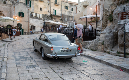 Matera, Italy - September 15, 2019: the Aston Martin DB5 used on the set of the latest James Bond movie 'No time to die' in Matera,  Italy.のeditorial素材