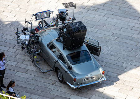 Matera, Italy - September 15, 2019: Bond 25, Aston Martin DB5 equipped with all equipment for...