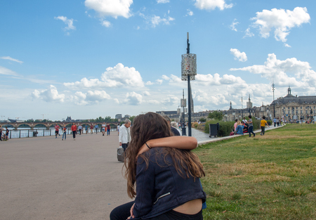 Bordeaux, France - September 9, 2018: People on a Sunday day on Quai Louis XVIII in  Bordeaux, Franceのeditorial素材