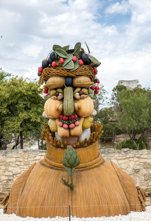 Les Baux, France - June 26, 2017: The artwork, titled Summer is Four Seasons three-dimensional interpretations created by Philip Haas and inspired by a set of paintings with the same titles by Italian Renaissance artist Giuseppe Arcimbaldo. Each season isのeditorial素材