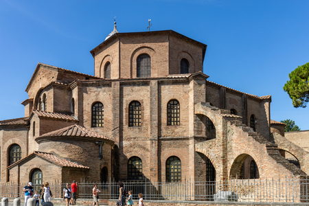 Ravenna, Italy - Sept 11, 2019: Famous Basilica di San Vitale, one of the most important examples of early Christian Byzantine art in western Europe, in Ravenna, region of Emilia-Romagna, Italyのeditorial素材