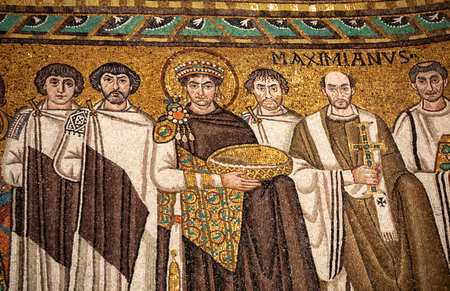 Ravenna, Italy - Sept 11, 2019: Mosaic of Byzantine emperor Justinian, Bishop Maximian, general Belisarius and attendants in Basilica of San Vitale AD547, Ravenna, Emilia-Romagna, Italyのeditorial素材