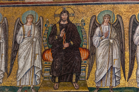 Ravenna, Italy - Sept 11, 2019: Mosaic of the enthroned Christus with four vanguard angels in Basilica of St Apollinare Nuovo in Ravenna, Italyのeditorial素材