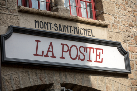 Le Mont-Saint-Michel, France - September 13, 2018: Post Office or La Poste in Mont Saint-Michel, the monastery and village on a tidal island between Brittany and Normandy, Franceのeditorial素材