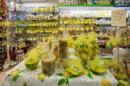 Sorrento, Italy - June 12, 2017: Lemon related products  in a souvenir shop in Sorrento Italyのeditorial素材