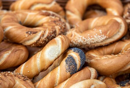 Traditional Cracovian  prezels with salt,  poppy and sesame seedsの写真素材