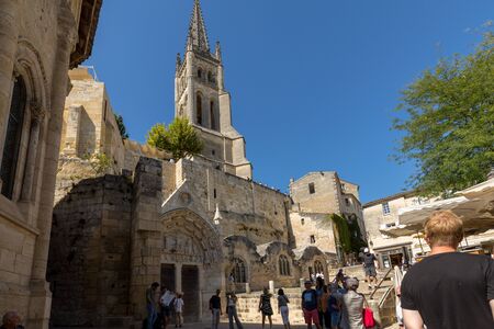 St Emilion, France - September 8, 2018: Monolithic Church and Bell tower in Saint Emilion. France.  St Emilion is French village famous for the excellent red wine.のeditorial素材