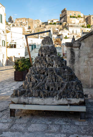 Matera, Italy - September 15, 2019: Closeup model of the Sassi di Matera - meaning stones of Matera which are prehistoric cave dwellings in the Italian city of Matera, Basilicata. It is one of the first or eldest settlements of Italy.のeditorial素材