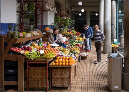 Funchal, Madeira, Portugal - April 23, 2018: Mercado dos Lavradores fruit and vegetable market in Funchal on Madeira Island. Portugalのeditorial素材
