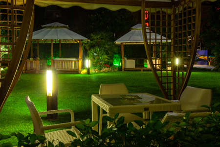 Lido di Camaiore, Italy - September 5, 2011: The deserted patio and garden at the hotel in Lido di Camaiore. Italyのeditorial素材