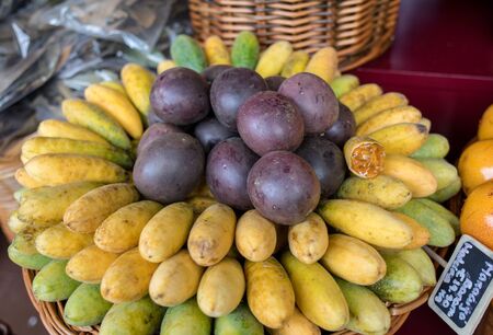 Fresh exotic fruits in Mercado Dos Lavradores. Funchal, Madeira, Portugal