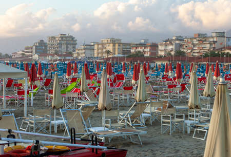 Lido di Camaiore, Italy - September 5, 2011: A deserted beach in Lido di Camaiore, a seaside resort liked by Italians. Tuscany, Italyのeditorial素材