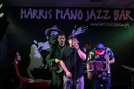 Cracow, Poland - July 3, 2020: Eskaubei and Tomek Nowak Quartet performs live at 25rd edition of the Summer Jazz Festival in Krakow, The festival takes place despite the threat of coronavirus / COVID-19 /のeditorial素材