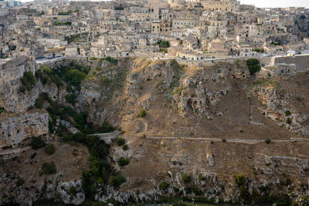 Panoramic view of Sassi di Matera a historic district in the city of Matera, well-known for their...