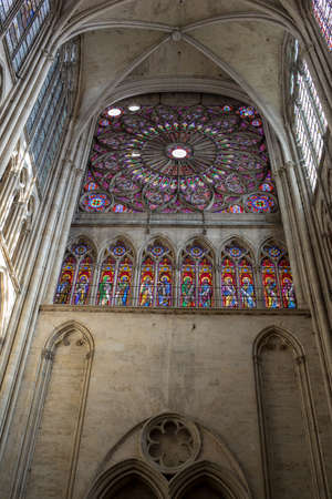 Troyes, France - August 31, 2018: Colorful stained glass windows in Troyes Cathedral dedicated to Saint Peter and Saint Paul. franceのeditorial素材