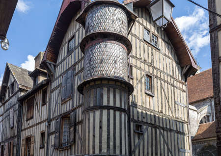 Troyes, France - August 31, 2018: Ancient half-timbered buildings in Troyes. Aube, Champagne-Ardenne, Franceのeditorial素材