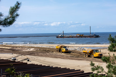 Vistula Spit, Poland - September 11, 2010: Construction of the Vistula Spit canal, official name Nowy Swiat ship canal in Polandのeditorial素材
