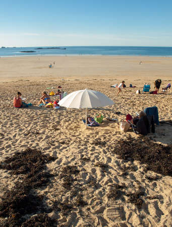 Saint-Malo, France - September 12, 2018: People relax on lovely beach in Saint Malo. Brittany, Franceのeditorial素材