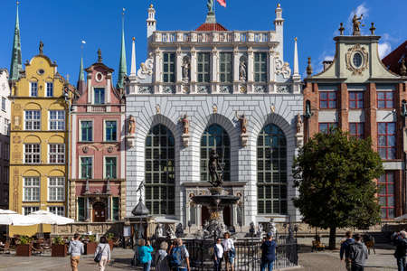 Gdansk, Poland - Sept 6, 2020: Neptune Fountain and Artus Court; at Long Market Street in Gdansk....