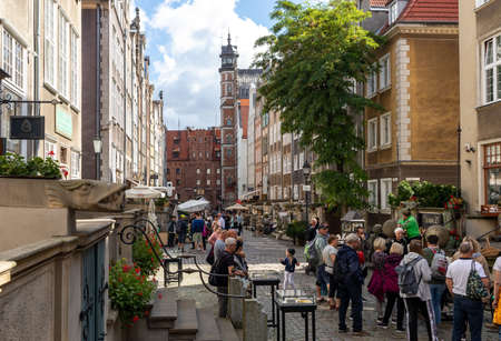Gdansk, Poland - Sept 6, 2020: Group of people on Mariacka Street, the main shopping street for the...