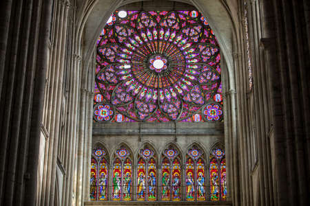 Troyes, France - August 31, 2018: Colorful stained glass windows in Troyes Cathedral dedicated to Saint Peter and Saint Paul. franceのeditorial素材