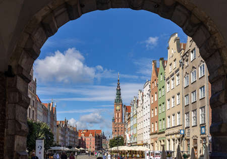 Gdansk, Poland - Sept 6, 2020: The facades of the restored GdaÅ„sk patrician houses in the Long...