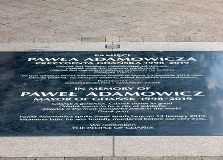Gdansk, Poland - Sept 6, 2020: Memorial of Pawel Adamowicz, major of Gdansk, in place of mortal...